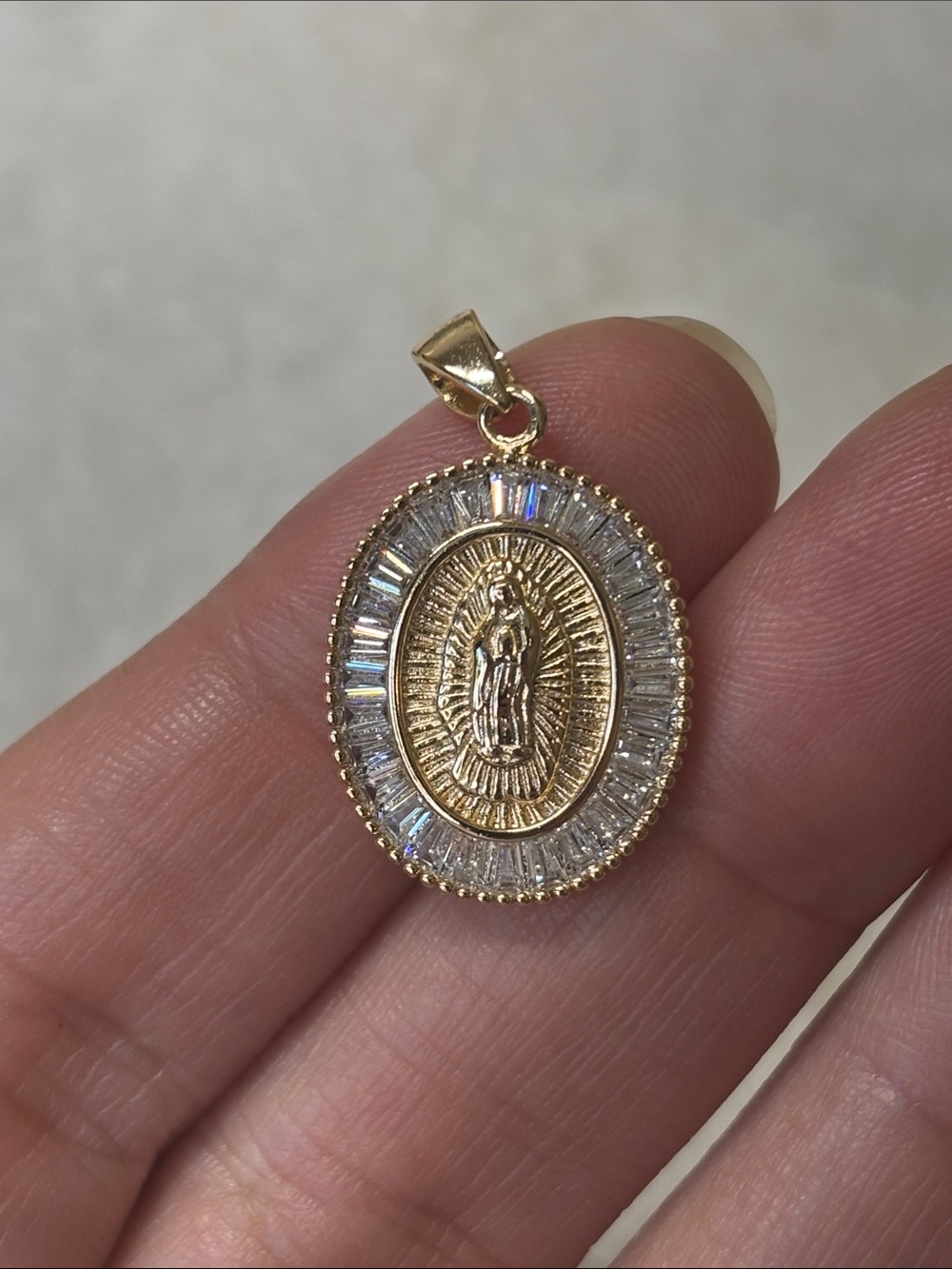 AAA CZ Baguette Guadalupe Religious Pendant 18k Yellow Gold Filled
